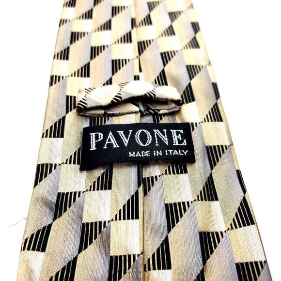 Pavone Silk Tie‎ Woven Yellow Brown Italy - Picture 4 of 6